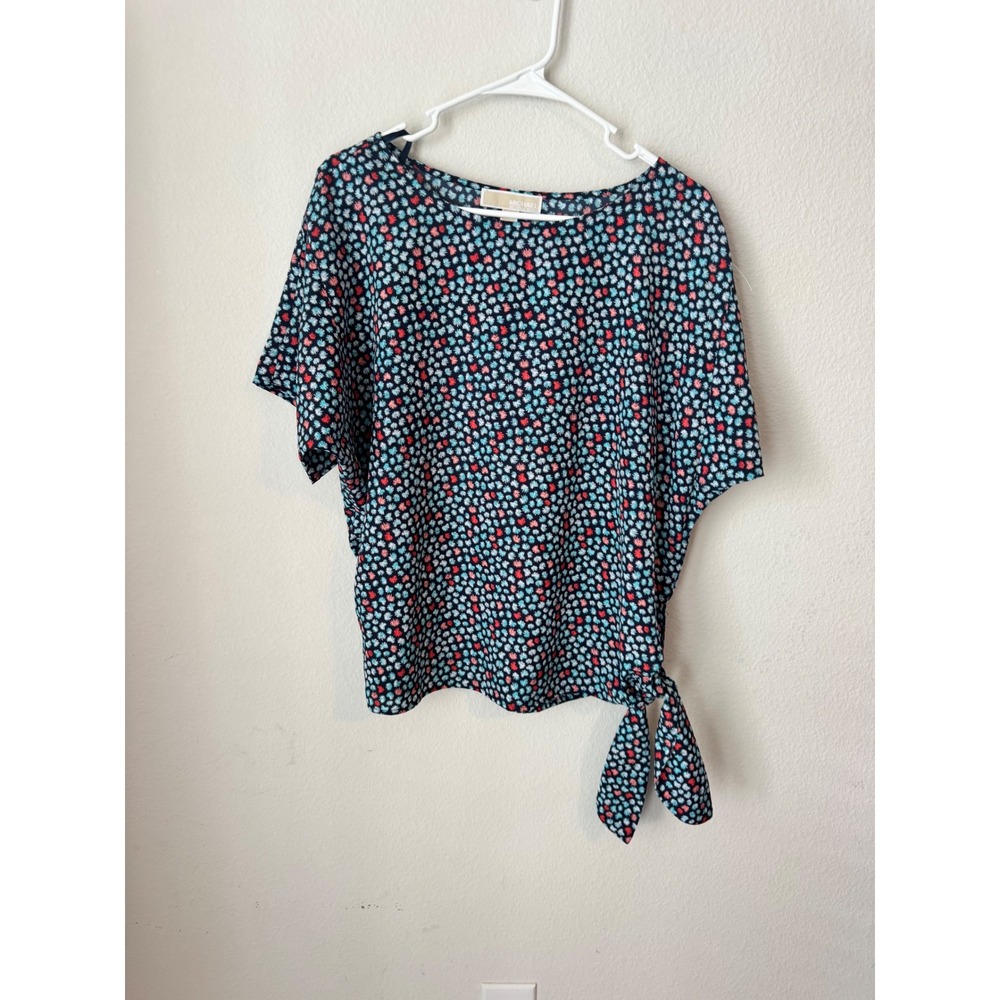 Michael Michael Kors Navy Blue Floral Side Tie Short Sleeve Blouse Medium